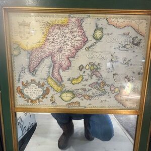 Vintage Map Wall Art with Gold Frame with mirror on bottom